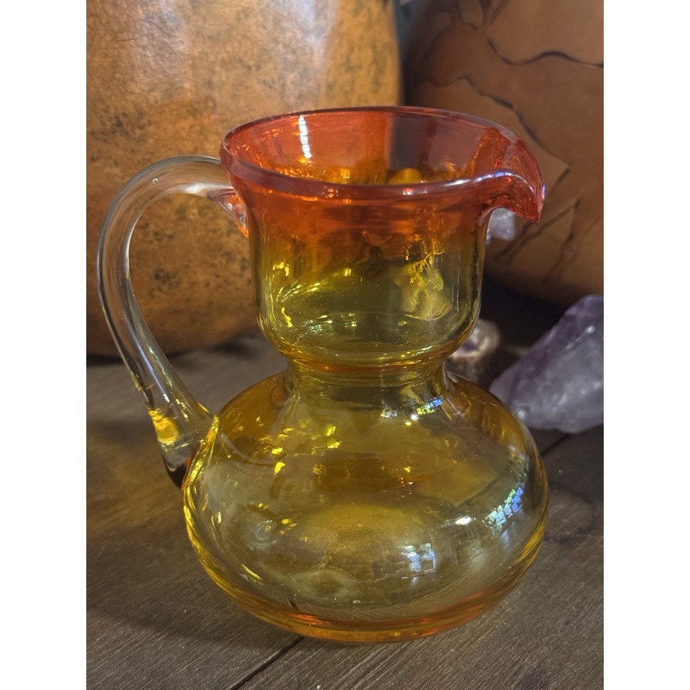 VTG Amberina Murano Blenko Style Mini 3.5" Glass Crackle Pitcher Hand Blown XLNT